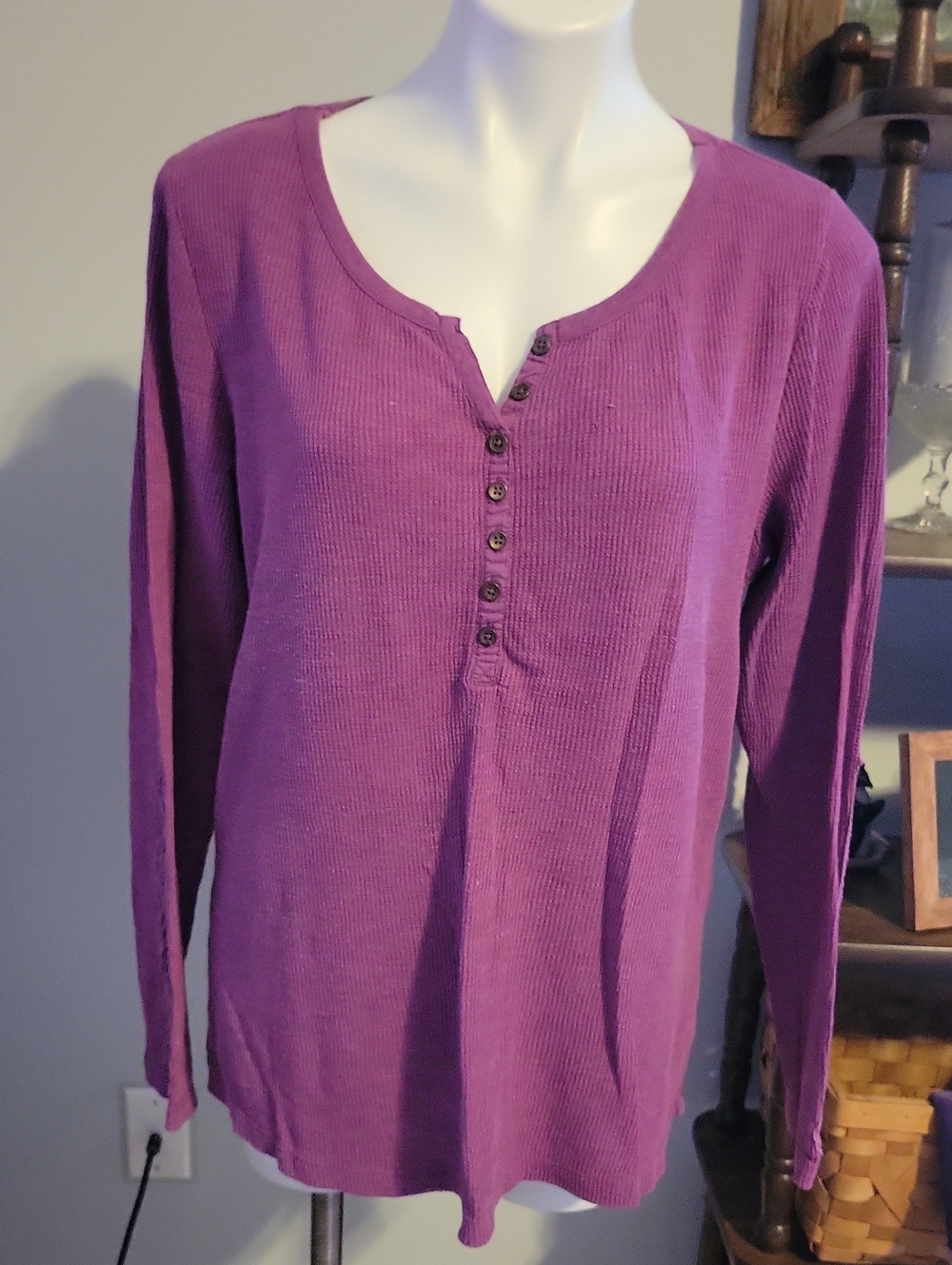 Sonoma Purple Ribbed Henley Long-Sleeve Top